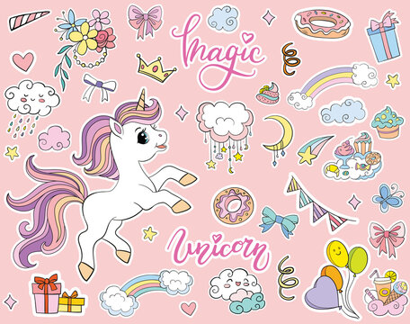Sticker pack cute cartoon party unicorn vector illustration