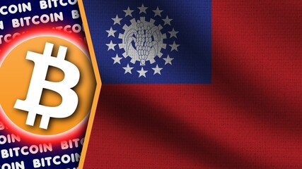 Myanmar Burma Realistic Wavy Flag, Bitcoin Logo and Titles, Circle Neon Effect Fabric Texture 3D Illustration