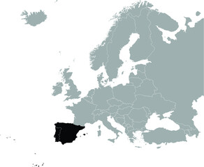Black Map of Iberian peninsula countries on Gray map of Europe  