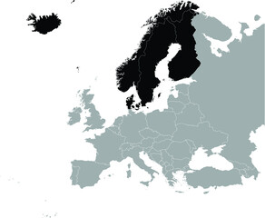Black Map of North Europe-Nordic countries on Gray map of Europe   - obrazy, fototapety, plakaty