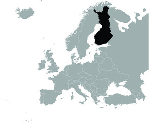 Black Map of Finland on Gray map of Europe 