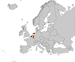 Map of Benelux countries with national flag on Gray map of Europe  