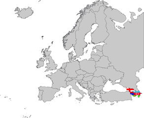 Map of Caucasus countries with national flag on Gray map of Europe 
