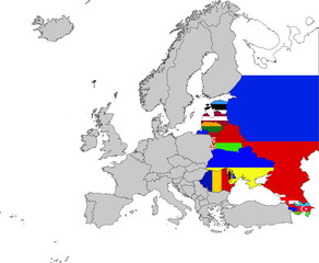 Map of East Europe countries with national flag on Gray map of Europe  