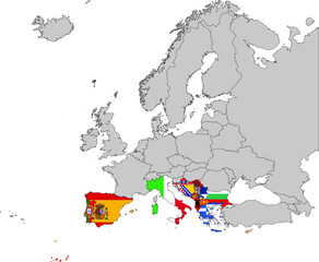 Map of South Europe countries with national flag on Gray map of Europe 