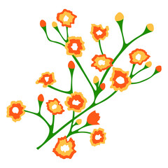 Floral branch with orange flowers flat isolated illustration
