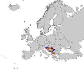 Map of Former Yugoslavia countries with national flag on Gray map of Europe 