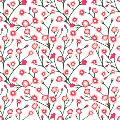 Floral seamless pattern pink flower blooming on white background