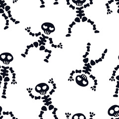 Seamless pattern with skeletons on a white background in a cute cartoon style