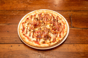 Individual Size BBQ Pizza with Fried Bacon Slices, Stewed Mince and Mozzarella Cheese with Sauce