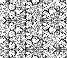 Seamless floral black and white pattern with flowers and leaves. Kaleidoscope seamless pattern