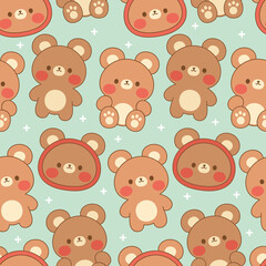 Teddy Bear Seamless Pattern Background, Happy cute bear, Cartoon Panda Bears Vector illustration for kids forest background with dots