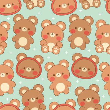 Teddy Bear Seamless Pattern Background, Happy cute bear, Cartoon Panda Bears Vector illustration for kids forest background with dots