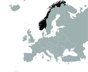 Black Map of Norway on Gray map of Europe 