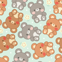 Teddy Bear Seamless Pattern Background, Happy cute bear, Cartoon Panda Bears Vector illustration for kids forest background with dots