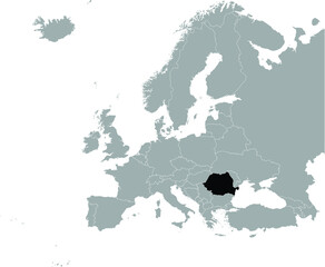 Black Map of Romania on Gray map of Europe 