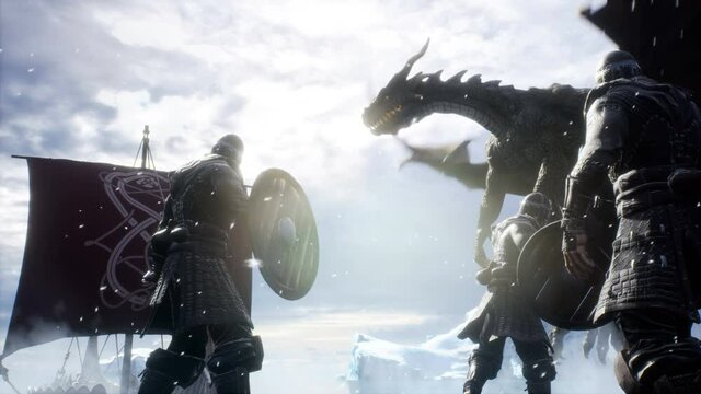 Fearless Vikings fight the dragon next to their drakar. Viking warship in winter conditions.The animation is perfect for historical, war and medieval backgrounds