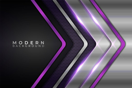 Abstract Modern Shiny Metallic Geometric Overlapped Arrow Silver with Glow Purple Background