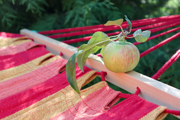 An apple on a bright striped hammock. Country rest.