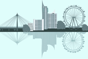Naklejka premium Vienna Austria city skyline silhouette: Viennese Ferri wheel, skyscrapers and other buildings for a banner, postcard or poster. Vector graphics