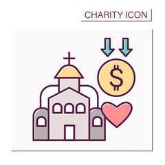 Church donation color icon. Ecclesiastical tithes. Donations for church restoration. Humanitarian assistance. Charity for religion. Volunteering and charity concept. Isolated vector illustration