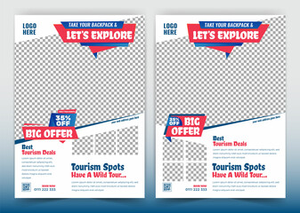 Travel sale social media post template design. Summer holiday beach traveling, tour and tourism business promotion web banner or flyer. Marketing poster graphic background