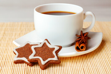 Star shaped chocolate chip cookies with cup of tea