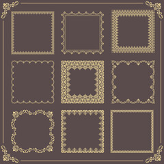 Vintage set of vector elements. Different square elements for decoration and design frames, cards, menus, backgrounds and monograms. Classic brown and golden patterns. Set of vintage patterns