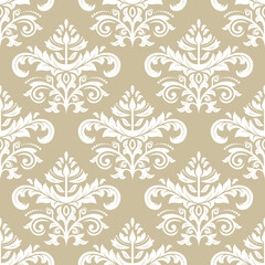 Classic seamless vector pattern. Damask ornament. Classic vintage background. Golden and white ornament for fabric, wallpapers and packaging