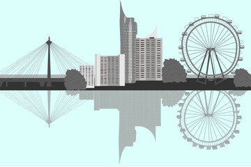 Fototapeta premium Vienna Austria city skyline silhouette: Viennese Ferri wheel, skyscrapers and other buildings for a banner, postcard or poster, illustration.