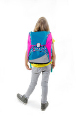 Naklejka premium Back to school concept. Beautiful schoolgirl with backpacks looking at wall. Back view. Isolated on white background. Full length 