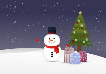 Snowman and Christmas gifts on winter background