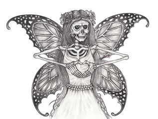 Fantasy fairy skull.Hand drawing on paper.