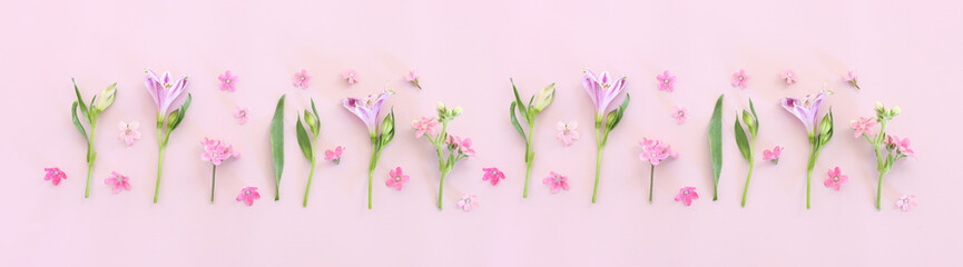 Obraz na płótnie Canvas Top view image of pink and purple flowers composition over pastel background .Flat lay. Banner