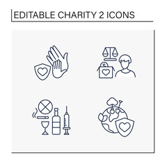 Charity line icons set. Drug and alcohol abuse, environment, child protection and advocacy charities. Volunteering concept. Isolated vector illustrations. Editable stroke