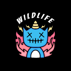 Death cat unicorn in fire illustration. Vector graphics for t-shirt prints and other uses.