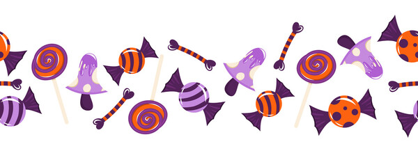 Obraz premium Seamless border for Halloween with sweets, bones, mushrooms. Vector illustration of a seamless pattern