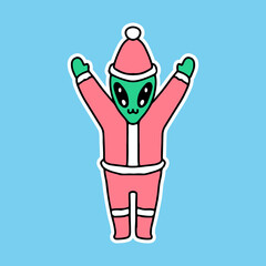 happy alien with Santa costume, cartoon illustration for stickers and t shirt.