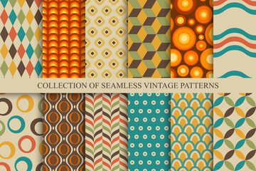 Collection of vector seamless colorful patterns - vintage design. Trendy retro backgrounds. Simple unusual creative prints