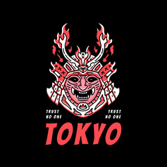 Devil samurai warrior head with fire element illustration. Vector graphic for t shirt, poster, logo, sticker, or apparel merchandise. Tattoo and retro style.	