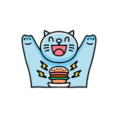 happy cat and burger cartoon, illustration for stickers and t shirt.