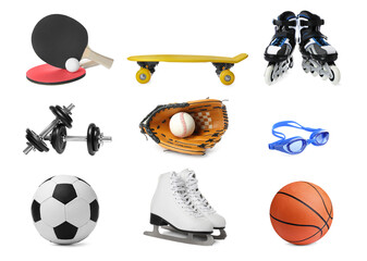 Set with different sports equipment on white background. Active lifestyle
