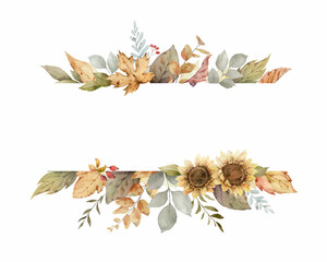 Fototapeta premium Watercolor vector autumn banner with sunflower, leaves and branches.