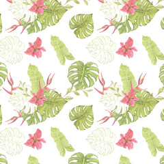 Leaves and flower seamless pattern on white background, watercolor hand drawn - 449895197