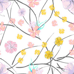 Pink Flowers Blooming Pattern. Pastel Watercolor.