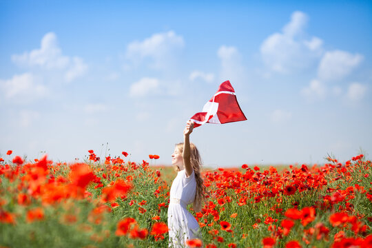 Blond girl holding flag of Latvia in the poppy field. Declaration of Independence Day. Ligo. Proclamation of the Republic. Travel and learn latvian language concept.