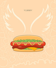 Concept “Hot dog from heaven” present with cute illustration of hot dog in comic style with angel wing. For presentations, portfolio, banners, business, T-shirt. Vector, illustration.