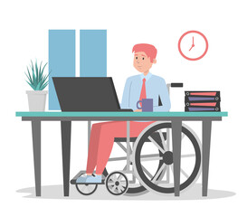 Man in wheechair working in office, sitting at the desk vector isolated. Illustration of a disabled office worker. Handicapped employee at computer.
