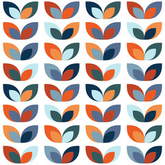 Abstract illustration of colorful Mid Century style leaves pattern in red, navy blue, orange, light blue and turquoise colors on white background - 449896373