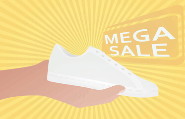 Hand hold canvas shoe. mega sale banner. vector